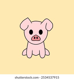 Esta Imagen muestra una Ilustración vectorial simple de un cerdo lindo, rosa sentado con sus Grandes ojos redondos y hocico, delineado en negro, sobre un fondo amarillo suave.