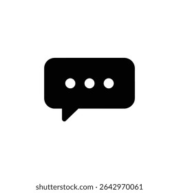 This image shows a simple, yet eye-catching, graphic of a black speech bubble with rounded corners. Inside the bubble, there are three small white dots.