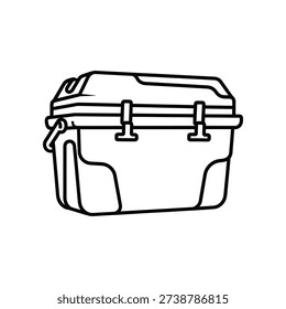 This image shows a simplified line drawing of a rectangular, hard-sided cooler. The cooler features a lid with two horizontal latches, a handle attached to the top, and a textured base. The design emphasizes functionality and portability for storing perishable items.