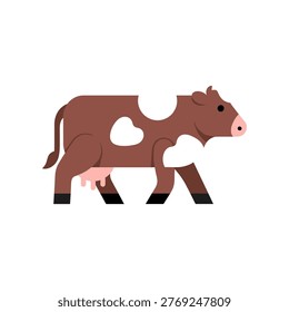 This image shows a simplified and stylized depiction of a cow. The cow is primarily brown with a distinct white patch on its underbelly and udder. It is illustrated in a blocky, cartoon-like style, giving it a friendly and approachable appearance. The cow is standing on all fours and facing to the right.