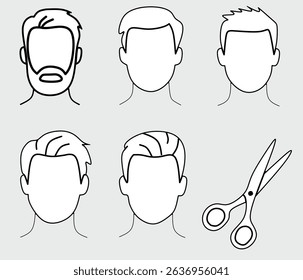 This image shows six illustrated icons representing different men's hairstyles and grooming styles