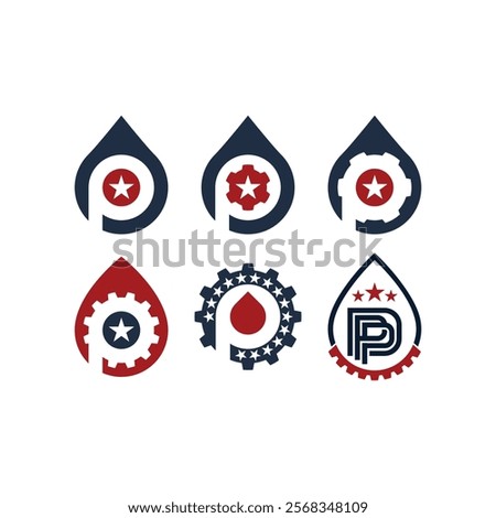 This image shows six industrial-themed icons featuring gear and droplet shapes with stars, in red, white, and blue colors