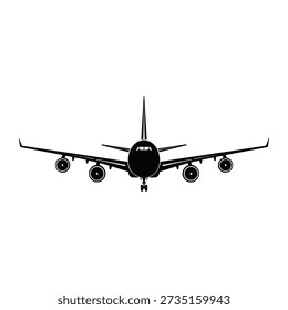 This image shows a sleek, modern commercial airplane viewed from the front. The aircraft features four powerful engines mounted beneath its wings, a streamlined fuselage, and a cockpit with a large windshield. The design suggests it is likely a wide-body jet used for long-haul international travel, equipped with advanced aerodynamics for efficiency and performance.