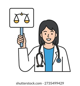 This image shows a smiling female doctor wearing a white lab coat and stethoscope, holding a sign with a justice scale symbolizing fairness and balance in healthcare