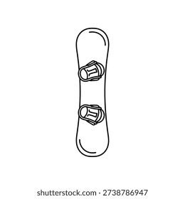 This image shows a snowboard with two bindings securely fastened to the board. The bindings are positioned symmetrically, designed to hold snowboard boots in place for better control and safety during snowboarding activities. The board itself is symmetrical, indicating it is suitable for both regular and goofy footed riders, and is typically used for sliding down snow-covered slopes in winter sports.