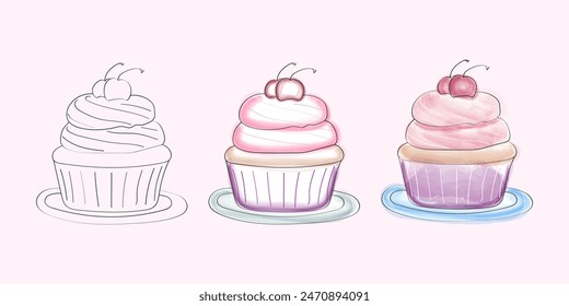 This image shows the stages of drawing a cherry cupcake. The first image is a simple line drawing, second and final adds color and detail with shading and highlights