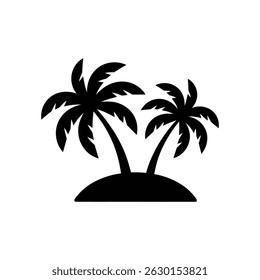 This image shows a stark, black silhouette of two palm trees standing atop a small island. The background is solid white, highlighting the shapes perfectly.