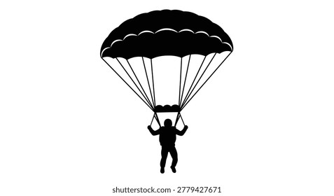 This image shows a stark black silhouette of a skydiver in mid-air, fully descending with a deployed parachute, symbolizing adventure and freefall.