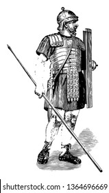 This image shows the statue of the legionary. There is a stick in this man's hand. The man is looking to the right side, vintage line drawing or engraving illustration.