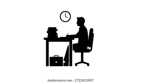 Esta Imagen muestra la llamativa silueta de una persona trabajando diligentemente en un escritorio abarrotado.