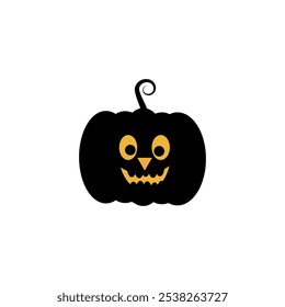 This image shows a stylized, black pumpkin with yellow facial features, giving it a spooky yet playful Halloween look. The face includes round eyes, a triangular nose, and a jagged smile.