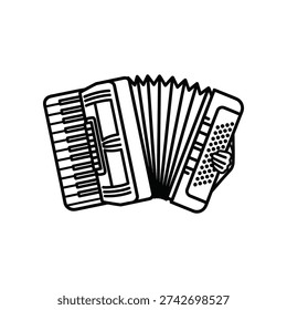 This image shows a stylized black and white line drawing of an accordion. The illustration highlights the accordion's buttons, keys, and bellows in a simple yet detailed manner, capturing its unique shape and structure.
