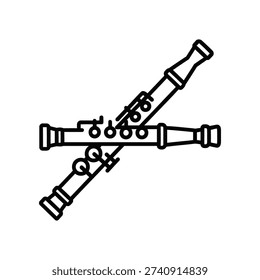 This image shows a stylized, black-and-white line drawing of three clarinets arranged in an overlapping, crossed formation. The design emphasizes the instruments' cylindrical shape and key mechanisms, creating a visually engaging composition.