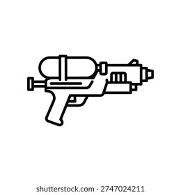 This image shows a stylized, futuristic ray gun with a compact body, a trigger mechanism, and a barrel. The design features a cylindrical grip, a small handle, and a textured surface, giving it a retro sci-fi appearance. The illustration is rendered in a clean, monochromatic line art style, emphasizing its iconic and timeless look often seen in science fiction media and pop culture.