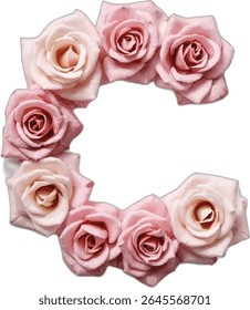 This image shows a stylized illustration of the letter "C" formed by a ring of pale pink and blush roses, creating a beautiful and elegant floral design.