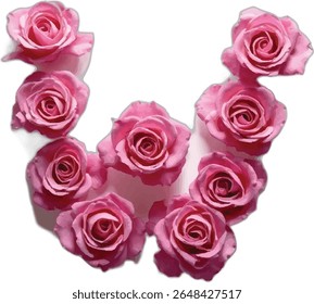 Esta imagem mostra uma ilustração estilizada da letra "W" formada por dez rosas cor-de-rosa, cada uma com pétalas detalhadas, sobre um fundo branco brilhante.