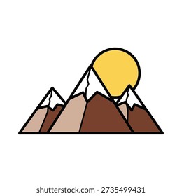 This image shows a stylized illustration of a mountain range with a sunset behind the peaks. Featuring colorful, landscape