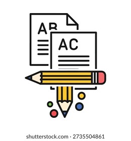 This image shows a stylized illustration of a yellow pencil with a red eraser, two documents, and colorful balls on a white background
