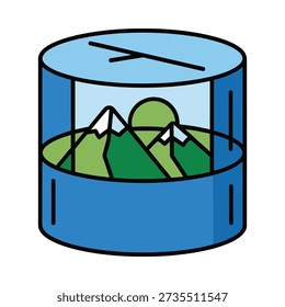 This image shows a stylized illustration of a mountain range inside a glass container with a blue base and lid, set against a white background