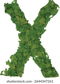 This image shows a stylized letter X formed from a dense collection of green leaves, creating a natural and organic appearance against a white background.
