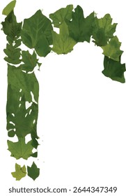 This image shows a stylized letter "P" formed by various green leaves, some whole and some showing signs of damage or decay, creating a slightly distressed yet artistic effect.