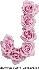 This image shows a stylized letter "J" formed by a series of light pink roses, arranged to create the shape of the letter.
