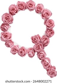 This image shows a stylized letter "Q" created with pink roses, forming a floral arrangement with the roses overlapping and creating a curved shape that resembles the letter.