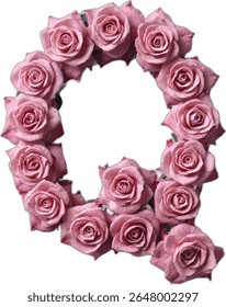 This image shows a stylized letter "Q" formed by a collection of pink roses, each rose individually detailed, creating a visually appealing and elegant design.