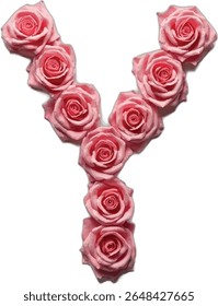 This image shows a stylized letter "Y" formed by arranging several pink roses in a way that their petals create the shape of the letter.