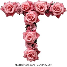 Esta imagem mostra uma letra estilizada "t" formada por várias rosas cor-de-rosa e flores menores, criando um design floral e visualmente atraente.
