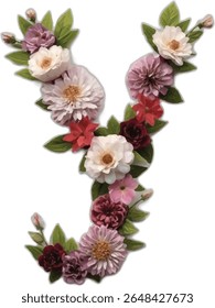 This image shows a stylized letter "Y" formed by a colorful arrangement of various flowers, including roses, dahlias, and zinnias, with leaves intertwined, creating a floral letter.