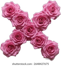 This image shows a stylized letter "x" formed by nine pink roses, each rose meticulously arranged to create the shape of the letter.