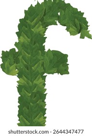 This image shows a stylized lowercase letter "f" formed by an arrangement of green leaves, creating a natural and organic representation of the alphabet.
