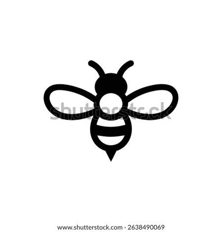 This image shows a stylized, minimalist black and white bee icon. Features antennae, wings, a round abdomen with stripes, and a stinger shape.