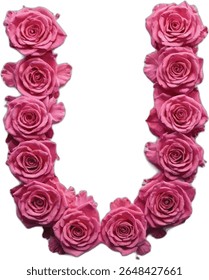 This image shows a stylized uppercase letter "U" formed by pink roses and rose petals, arranged to create a visually appealing and floral letter shape against a white background.