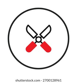 Esta imagem mostra um desenho vetorial estilizado de tesouras de jardinagem, colocadas dentro de um círculo. O design combina contornos pretos e acentos vermelhos, oferecendo uma aparência simples, mas moderna, para vários projetos