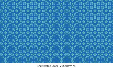 Esta Imagen muestra un fondo verde azulado y azul con un patrón geométrico sin fisuras de flores, estrellas y Formas circulares, creando un ambiente fresco, elegante e intrincado.