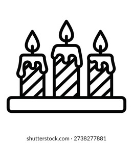 This image shows three lit birthday candles placed on a rectangular holder with a simple clean design The candles have a classic tapered shape with diagonal stripes and wicks that are burning brightly at the top