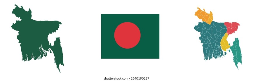 This image shows three representations of Bangladesh: a solid green map, the national flag, and a map divided into colorful administrative divisions, all set against a clean white background.