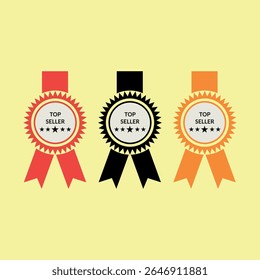 This image shows three stylized top seller awards against a pale yellow background. Each award features a circular badge with a serrated edge, the text "TOP SELLER" and five black stars.