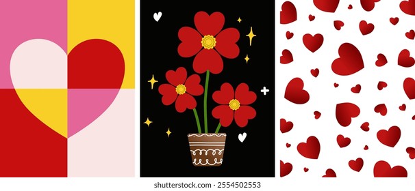 This image shows three Valentine-themed panels. colorful geometric heart Red flower pot with stars on black background and pattern of red hearts scattered on white.