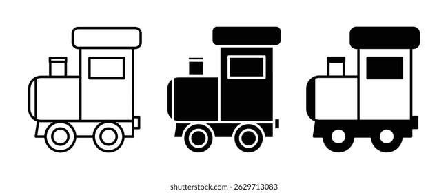 This image shows three variations of a simple train engine icon: an outline version, a filled black version, and a black silhouette version.