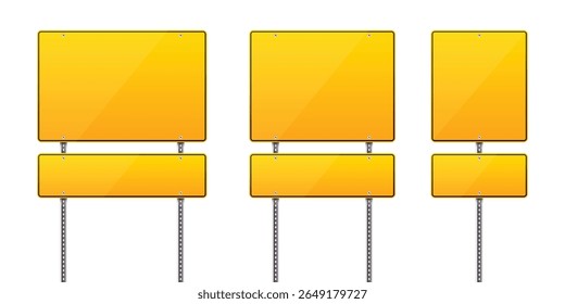 This image shows three yellow road signs. They are all slightly different sizes. The signs stand on metal poles against a white background. They are empty.