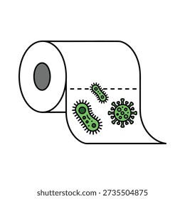 This image shows a toilet paper roll with green virus cells on sheet. Featuring coronavirus, germ, illness, pandemic, health
