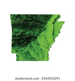 This image shows a topographic map of Arkansas, highlighting its varied terrain with different shades of green to represent elevation changes