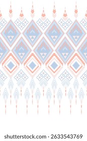 This image shows a traditional geometric textile pattern with repeated diamond shapes and arrow-like motifs. The design features soft pastel tones, mainly light blue, peach, and beige.