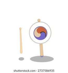 This image shows a traditional pellet drum, also known as a rattle drum or bo lang gu. It is a small handheld percussion instrument with a wooden handle and beads attached to strings that strike both drumheads when shaken. The instrument is commonly associated with Chinese folk culture and traditional performances.