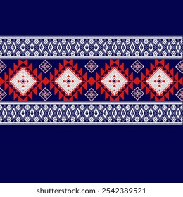 This image shows a traditional textile pattern with geometric motifs, mainly in red, white, and blue colors. The design consists of a series of diamond shapes in vibrant red, 