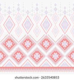 This image shows a traditional textile pattern featuring layered geometric diamond shapes in soft tones like red, pink, and purple. The intricate design reflects the cultural heritage.