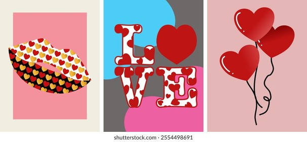 This image shows a triptych of colorful Valentine-themed designs: lips filled with heart patterns, the word "LOVE" with heart motifs, and red heart-shaped balloons on pastel backgrounds.